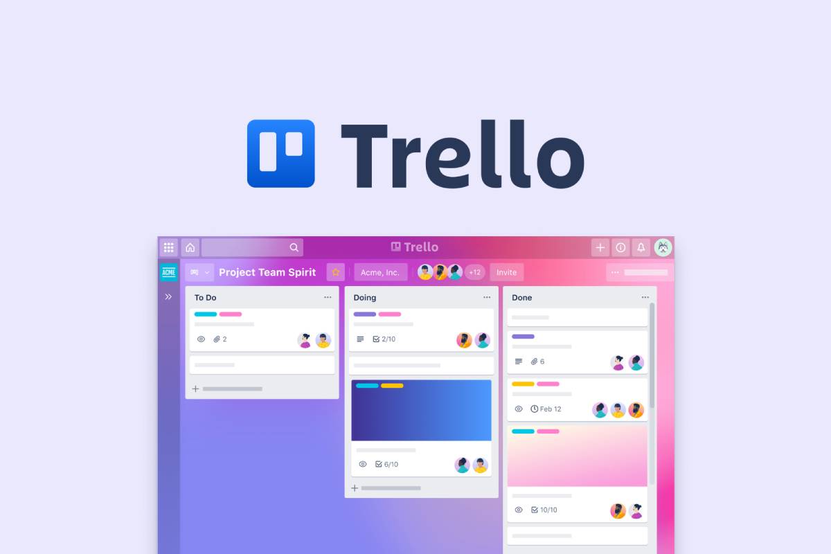 Screenshot of Trello's project management interface, featuring columns for tasks Trello logo in the header.