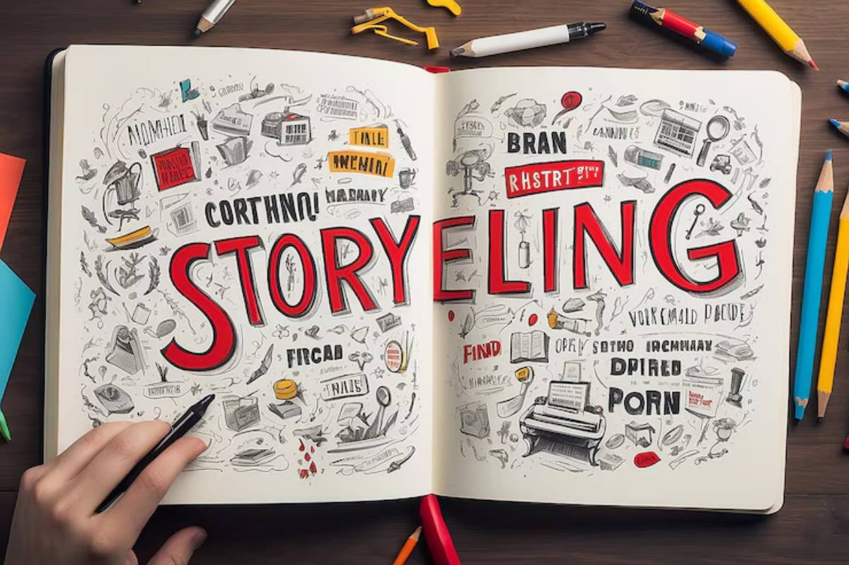 An open sketchbook filled with creative doodles, drawings, and keywords surrounding the bold, red word STORYTELLING in the center, illustrating the concept of brand storytelling with scattered stationery