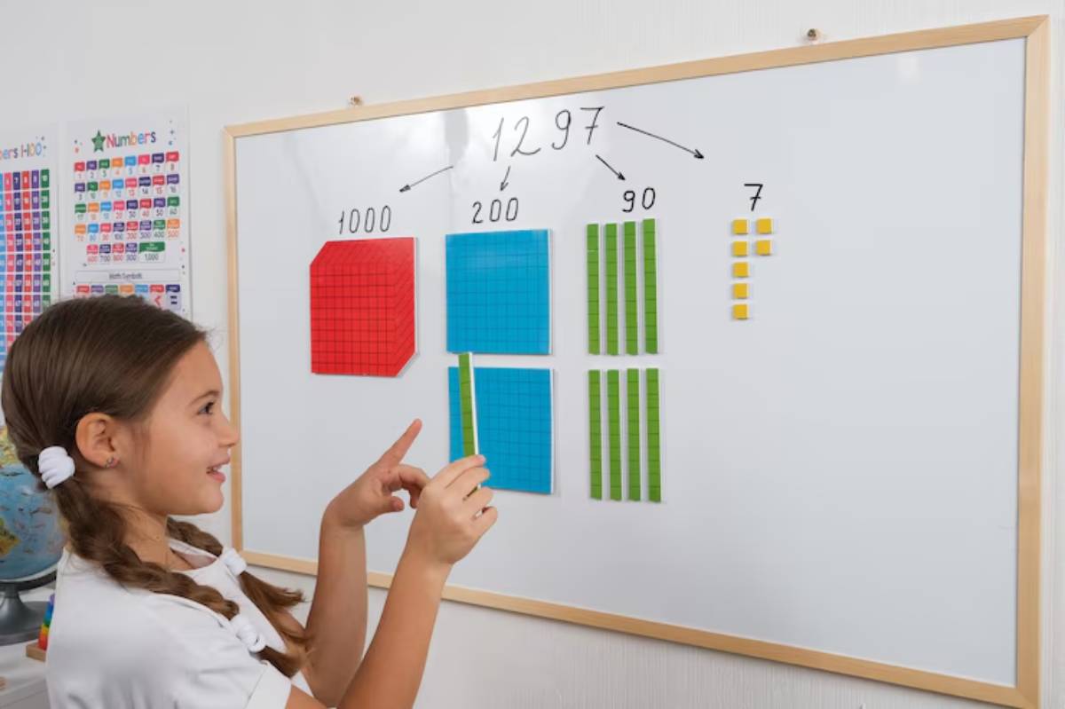 A child points at a whiteboard displaying color-coded blocks representing the number 1297, with clear labels for thousands, hundreds, tens, and units.