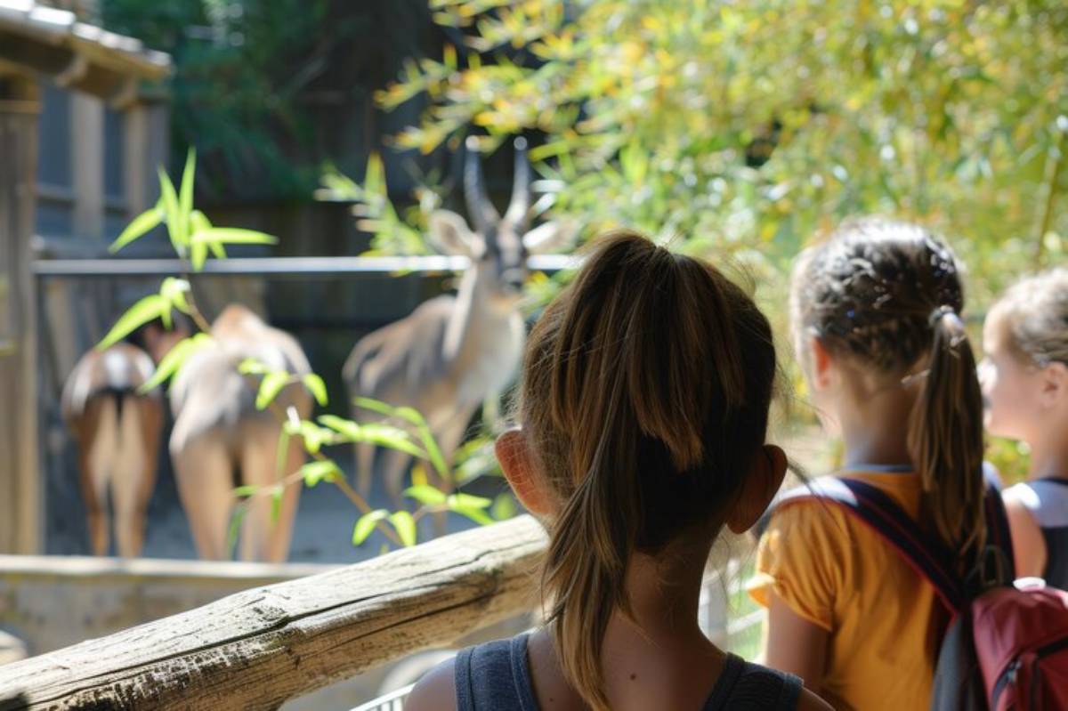 Children observing antelopes at a zoo, surrounded by vibrant greenery and a wooden fence, enjoying a sunny day.