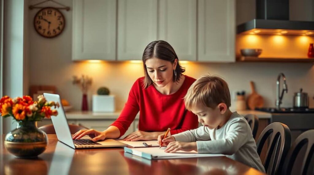 A woman and a child engaged in a cozy home study session at a wooden table, with a laptop and artwork materials scattered around.