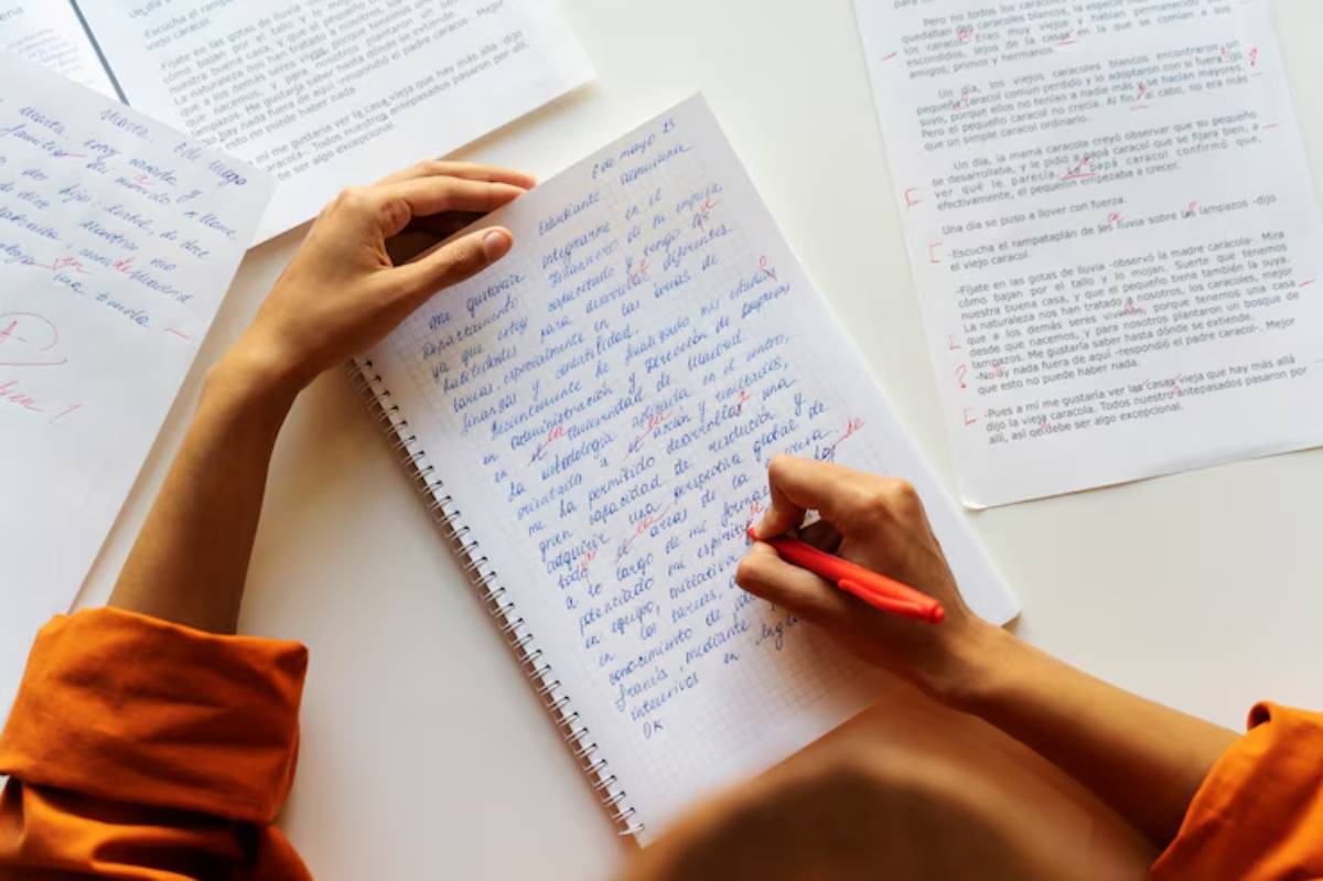A person's hands writing notes in a notebook, surrounded by typed papers and drafts marked with red edits.