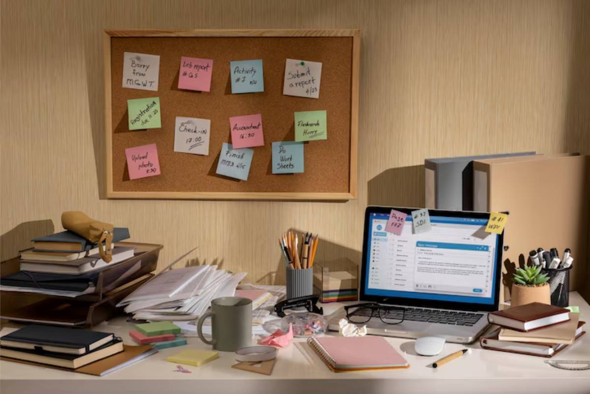 A cluttered desk featuring a laptop, sticky notes, notebooks, and a coffee mug, showcasing a busy workspace.