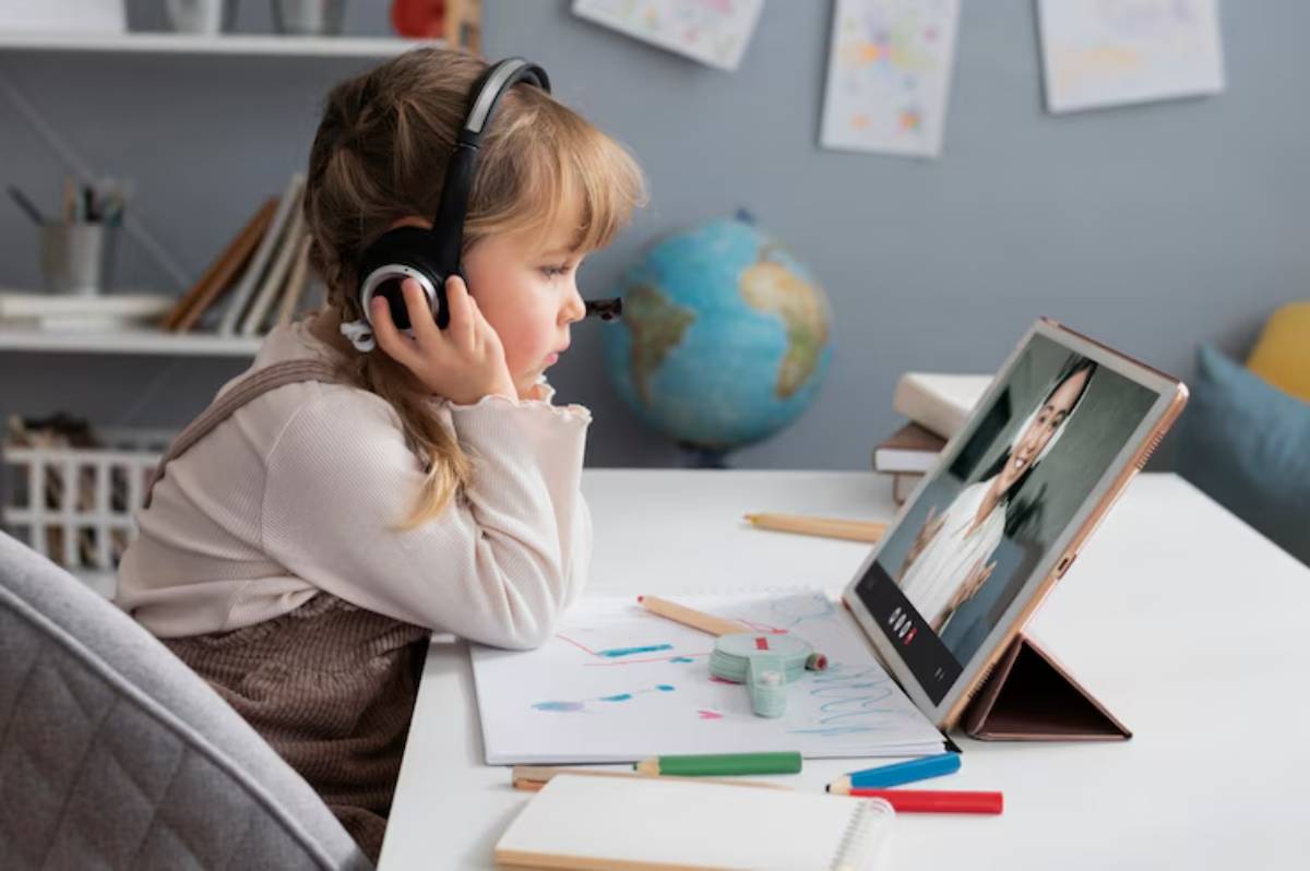 A tablet or laptop screen showing a child engaged in a live virtual class.