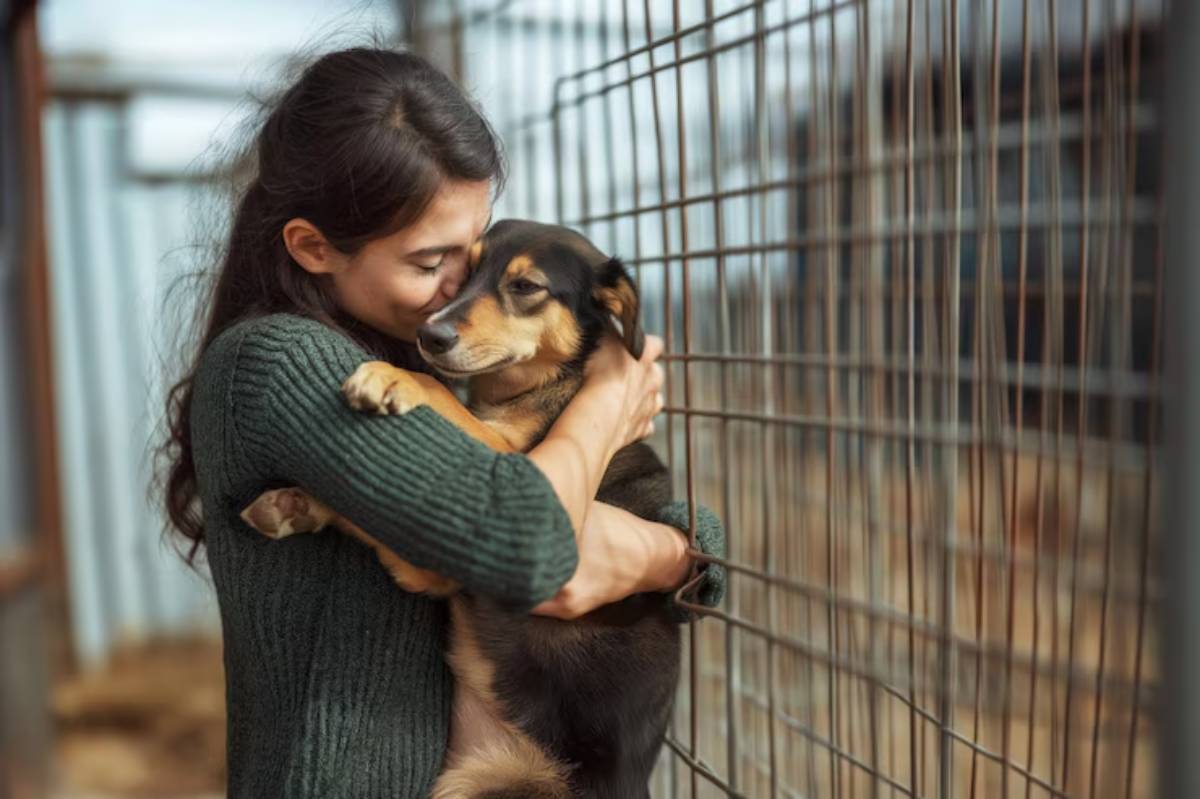 A person in a green sweater lovingly hugs a small dog against a wire fence in an animal shelter environment.
